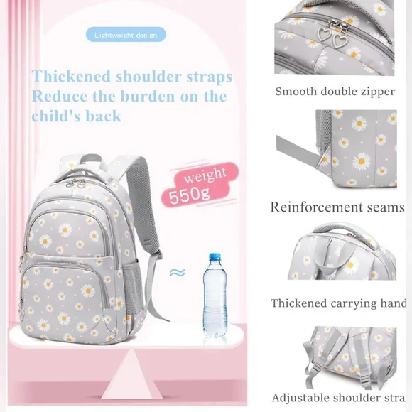 NWT 3Pcs Daisy Prints Backpack Bookbag set, AVAILABLE IN GREY AND BLACK